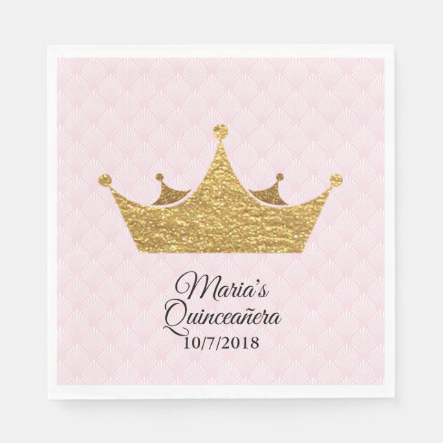 Glam Gold Crown Quinceañera Napkins (Front)
