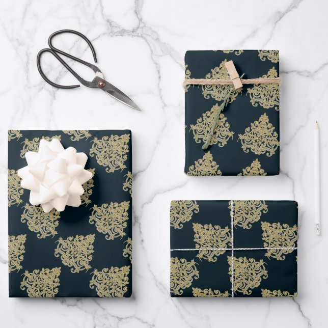 Glam gold damask navy blue wrapping paper sheet (Front)