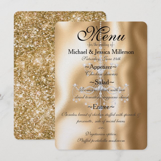 Glam Gold Diamond Chandelier Wedding Menu (Front/Back)
