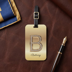 Glam Gold Diamond Monogram Initial Letter B Luggage Tag