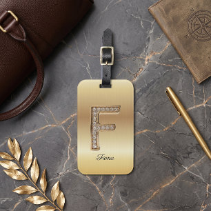 Glam Gold Diamond Monogram Initial Letter F Luggage Tag