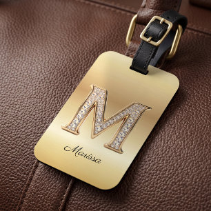 Glam Gold Diamond Monogram Initial Letter M Luggage Tag