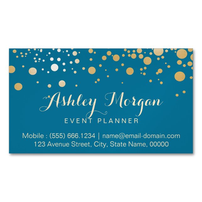 Glam Gold Dots Decor - Classy Peacock Blue Colour Magnetic Business Card (Front)