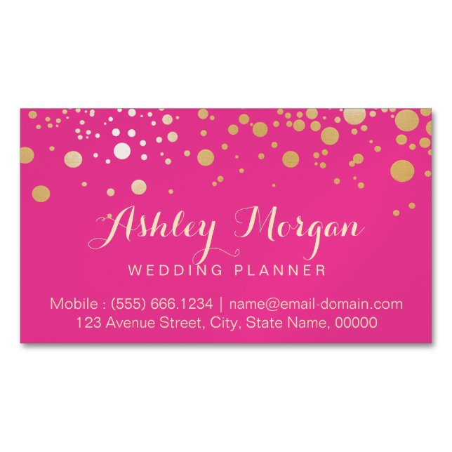 Glam Gold Dots Decor - Trendy Girly Hot Pink Magnetic Business Card (Front)