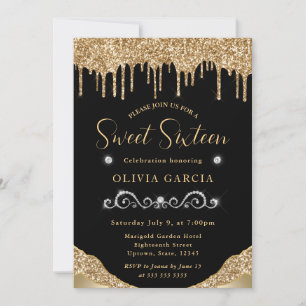 Glam Gold Dripping Glitter Sweet 16 Invitation