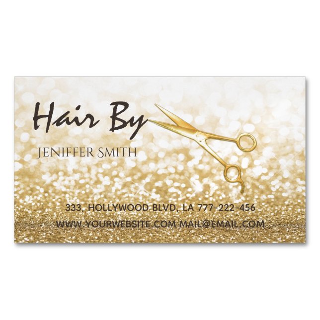 Glam gold elegant modern bokeh scissors 	Magnetic business card (Front)