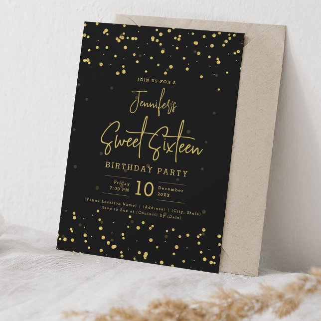 Glam Gold Faux Foil Dots Sweet 16 Black  Invitation (Glam Gold Faux Foil Dots Sweet 16 Black Invitation)