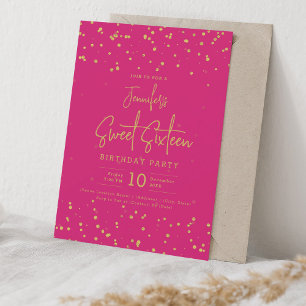 Glam Gold Faux Foil Dots Sweet 16 Party Hot Pink Invitation
