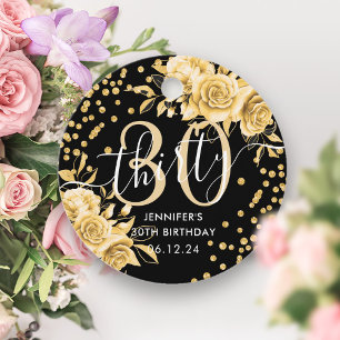 Glam Gold Floral Glitter 30th Birthday Black Favour Tags
