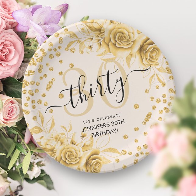 Glam Gold Floral Glitter 30th Birthday Script Paper Plate (Glam Gold Floral Glitter 30th Birthday Script Paper Plates)