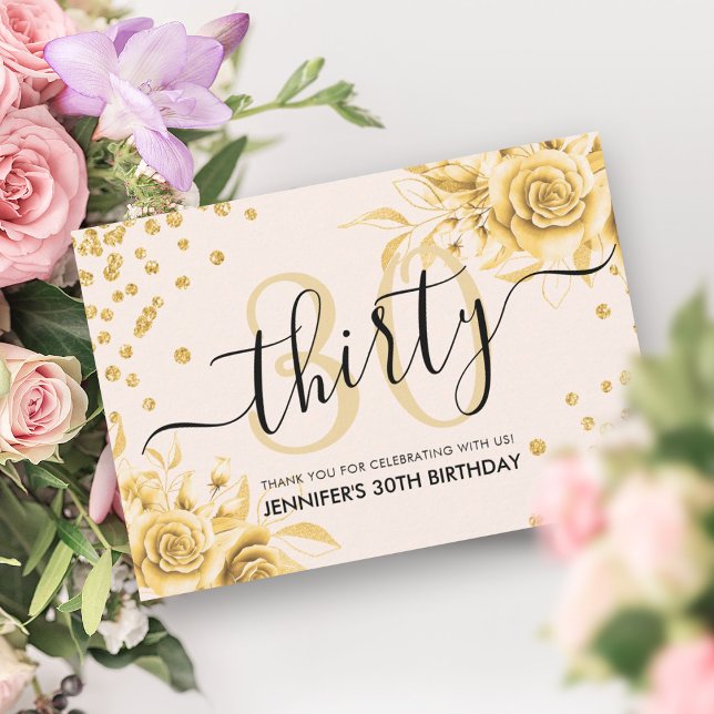 Glam Gold Floral Glitter 30th Birthday Script Thank You Card (Glam Gold Floral Glitter 30th Birthday Script Thank You Card)