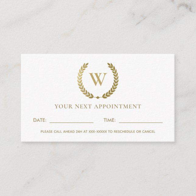 GLAM GOLD FLORAL LAUREL WREATH INITIAL APPOINTMENT BUSINESS CARD (Front)