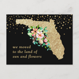 Glam Gold Florida Map Floral Moving Announcement Postcard