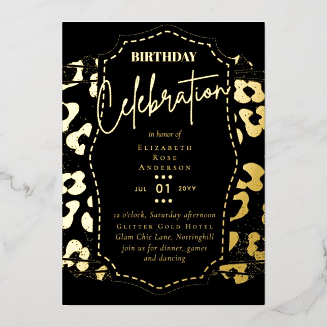 Glam Gold Foil Animal Print Girly Black Birthday  (Front)