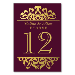 Glam Gold Foil Flourish Table Numbers   aubergine