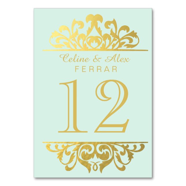 Glam Gold Foil Flourish Table Numbers | mint gold (Front)