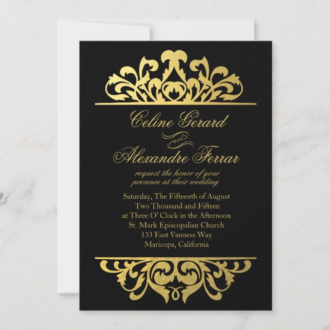 Glam Gold Foil Flourish Wedding | black gold Invitation (Front)