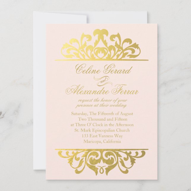 Glam Gold Foil Flourish Wedding | blush gold Invitation (Front)