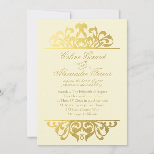 Glam Gold Foil Flourish Wedding | ivory gold Invitation (Front)