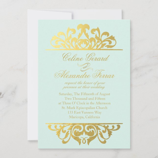 Glam Gold Foil Flourish Wedding | mint gold Invitation (Front)