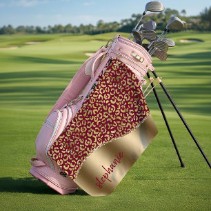 Glam Gold Foil Leopard Spots Burgundy Name Golf Towel