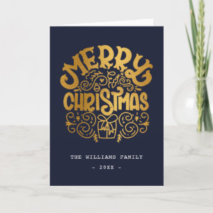 Glam Gold Foil Merry Christmas Blue Personalised Holiday Card