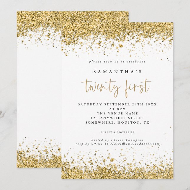 Glam Gold Glitter 21st Birthday Party Invitation (Front/Back)