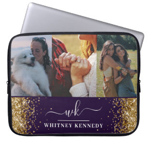 Glam Gold Glitter 3 Photo Collage Monogrammed Laptop Sleeve