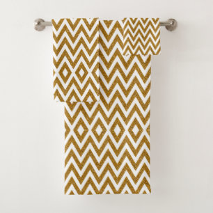 Glam gold glitter and white chevron stripes bath towel set