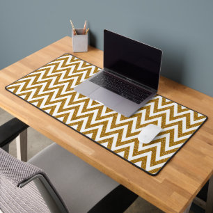 Glam gold glitter and white chevron stripes desk mat