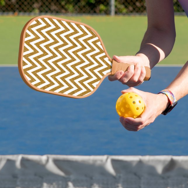 Glam gold glitter and white chevron stripes pickleball paddle (Insitu)