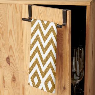 Glam gold glitter and white chevron stripes tea towel
