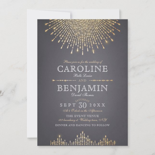 Glam gold glitter art deco vintage wedding invitation (Front)
