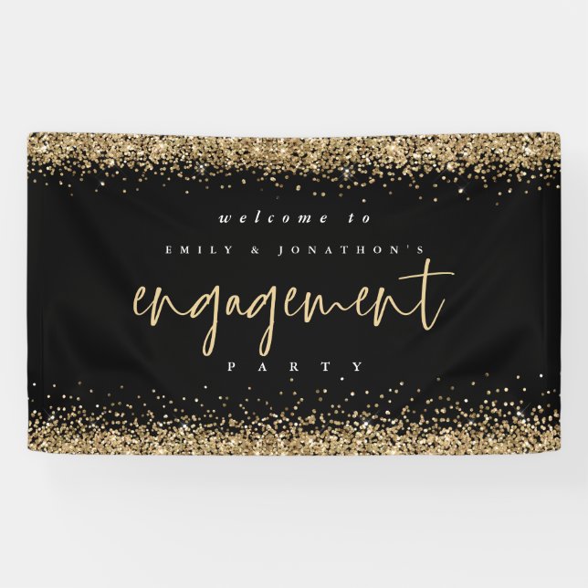 Glam Gold Glitter Black Welcome Engagement Party Banner (Horizontal)