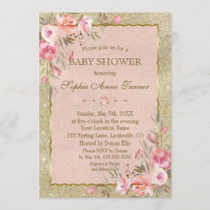 Glam Gold Glitter Blush Floral Baby Shower Invitation