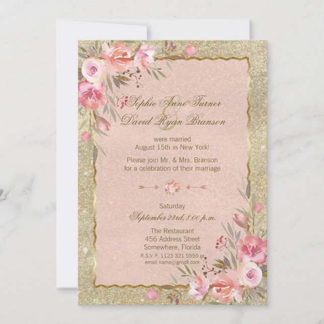 Glam Gold Glitter Blush Floral Evening Reception Invitation (Front)