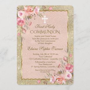 Glam Gold Glitter Blush Floral First Communion Invitation