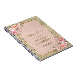 Glam Gold Glitter Blush Floral Wedding Planner Notebook
