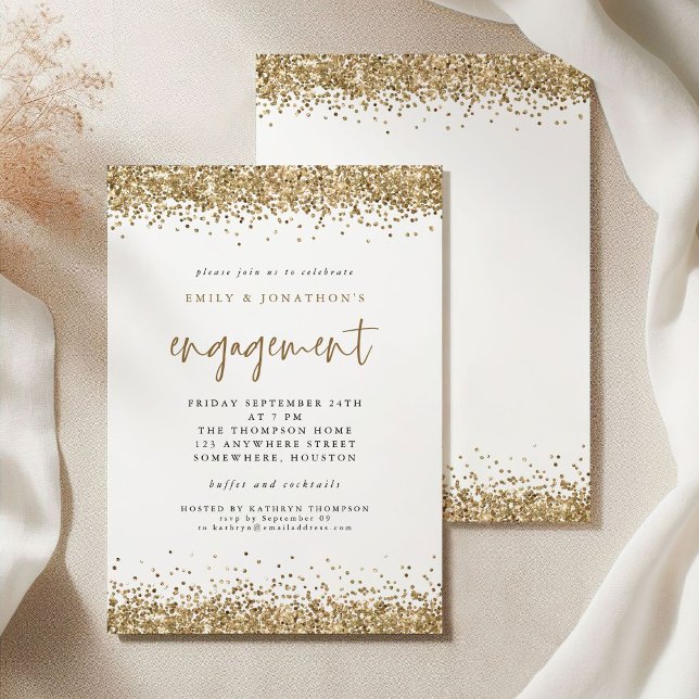 Glam Gold Glitter Borders Engagement Invitation (Front and back view)