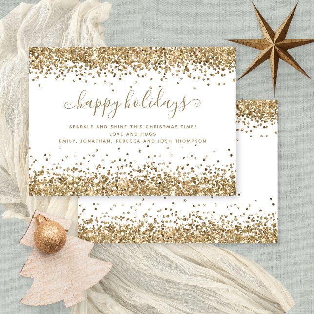 Glam Gold Glitter Borders Happy Holidays Christmas Holiday Card (Front and back view)