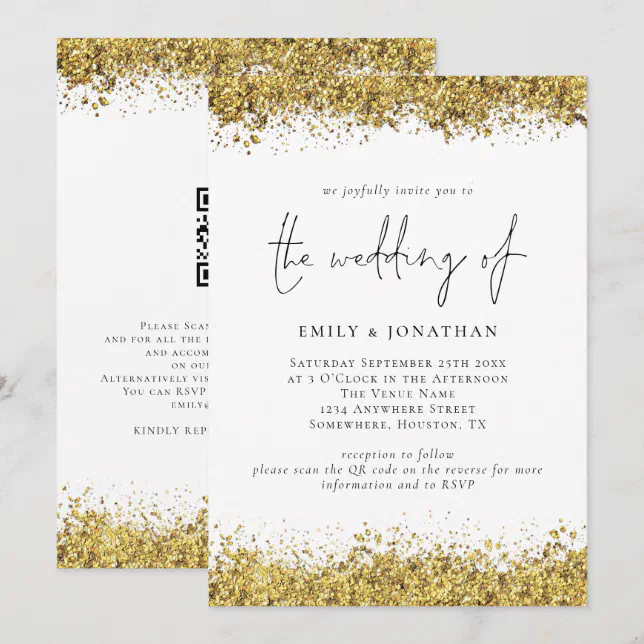 Glam Gold Glitter Borders Script QR Code Wedding Invitation | Zazzle