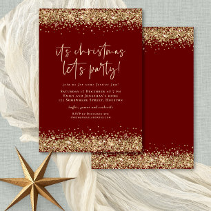 Glam Gold Glitter Christmas Lets Party Burgundy Invitation