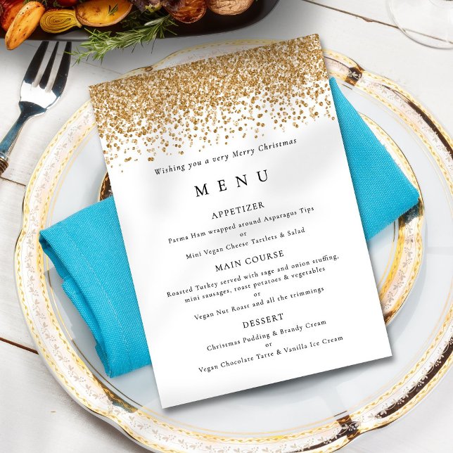 Glam Gold Glitter Christmas Party Menu card (Creator Uploaded)