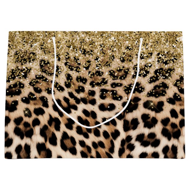 Glam Gold Glitter Cream Leopard Glitter Large Gift Bag (Front)