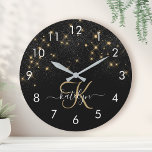 Glam Gold Glitter Diamond Sparkle Elegant Monogram Large Clock<br><div class="desc">Create your own personalised black and gold diamond sparkle clock with your custom monogram and name.</div>