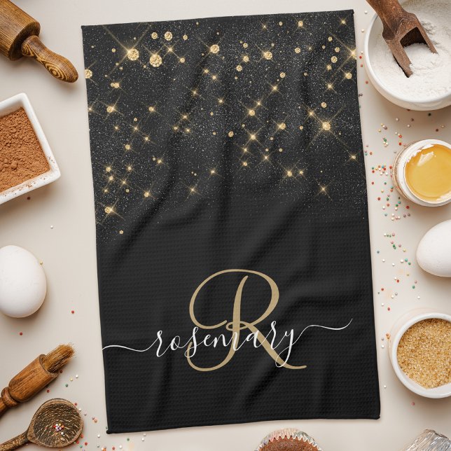 Glam Gold Glitter Diamond Sparkle Elegant Monogram Tea Towel (Creator Uploaded)