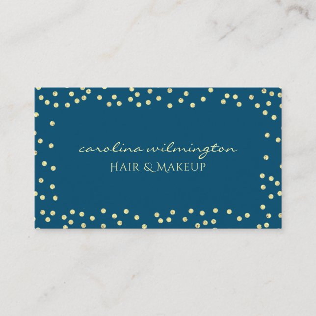 Glam Gold Glitter Dots Dark Blue Business Card (Front)