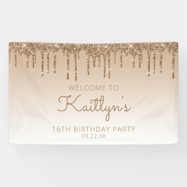 Glam Gold Glitter Drip 16th Birthday Party Banner (Horizontal)