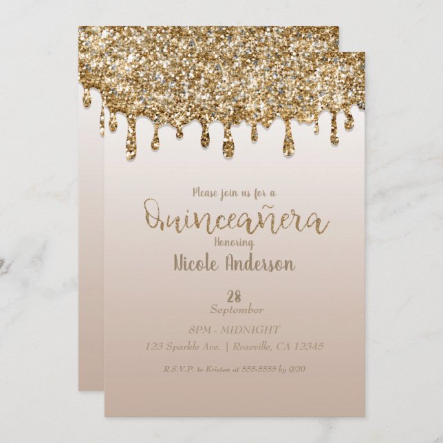 Glam Gold Glitter Drip Quinceañera 15 Birthday Invitation (Front/Back)