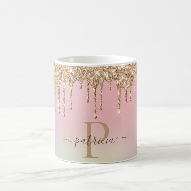 Glam Gold Glitter Drips Elegant Monogram  Coffee Mug (Center)